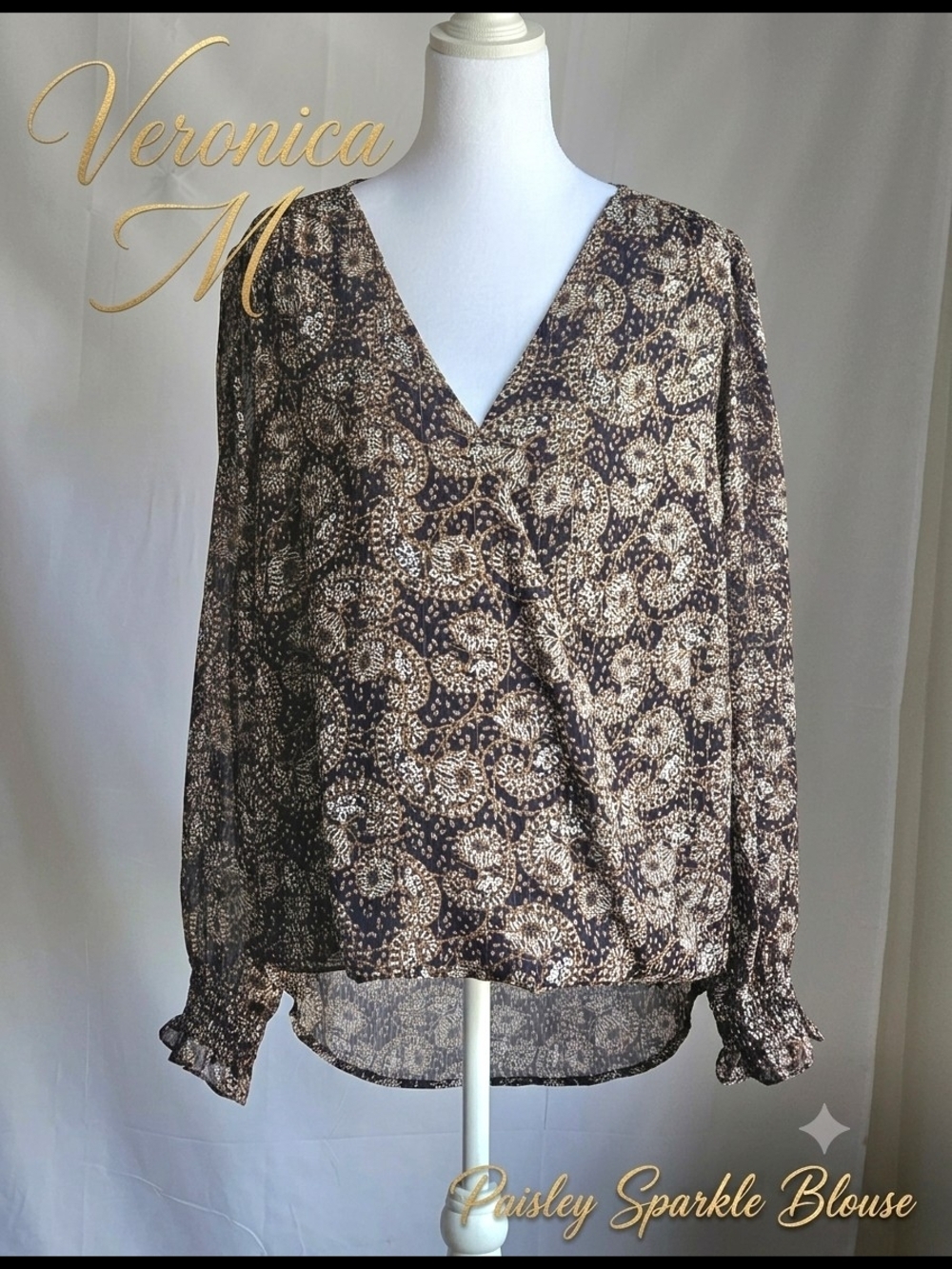 Veronica M Paisley Faux Wrap Blouse Chiffon Metallic Gold Stripe Top L